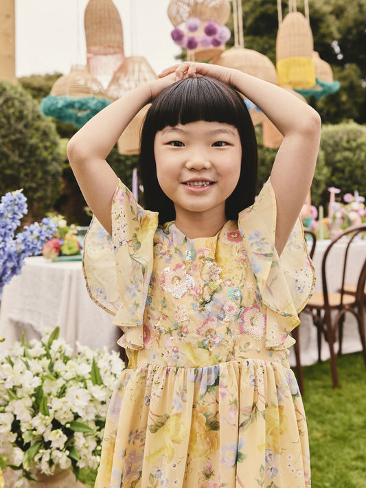 Dsiney Kidz - Yellow Floral Embellished Occasion Dress (3-16yrs) image 2
