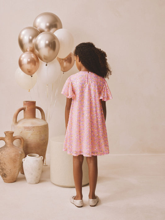 Pastel Pink Angel Sleeve Sequin Party Dress (3-16yrs) image 2