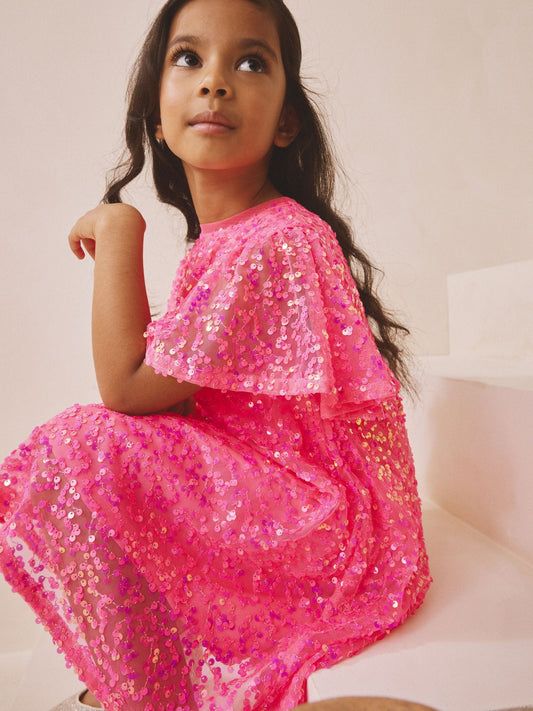 Bright Pink Angel Sleeve Sequin Party Dress (3-16yrs) image 2