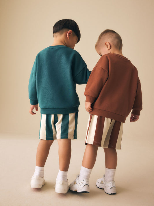 Rust Brown and Teal Crew Neck Sweatshirt and Shorts 2 Pack Set (3mths-7yrs) image 3