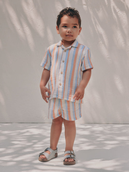 Blue/Orange Stripe Short Sleeve Double Cloth Shirt & Shorts Set (3mths-10yrs) image 2