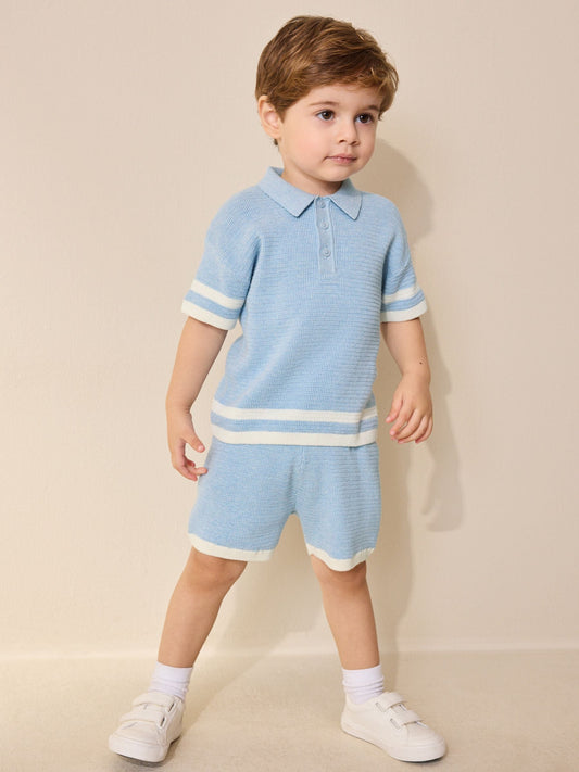 Blue Knitted Button Neck Polo Shirt and Shorts Set (3mths-10yrs) image 3