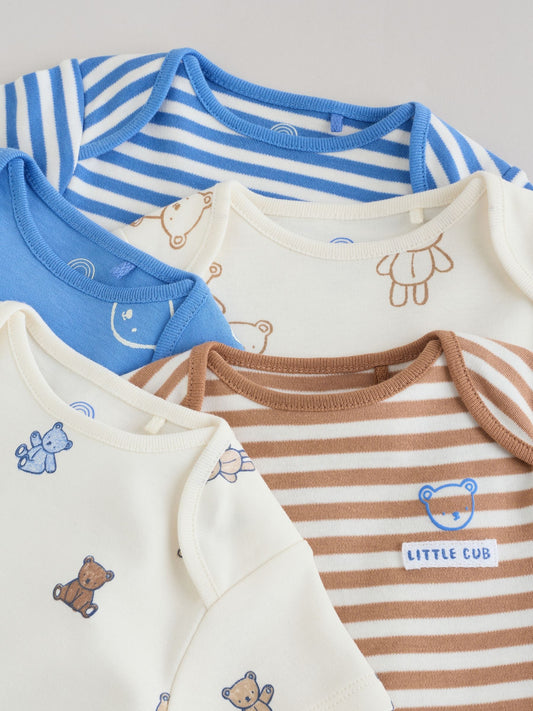 Blue/Ecru Bear Short Sleeve Baby Bodysuits 5 Pack image 3