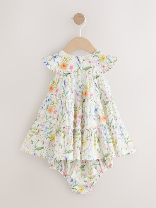 White Floral Baby Tiered Woven Dress and Knickers Set 2 Piece (0mths-2yrs) image 2