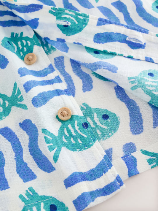 White/Blue Sea All Over Print Short Sleeve Revere Collar Shirt & Shorts Set (3mths-10yrs) image 3