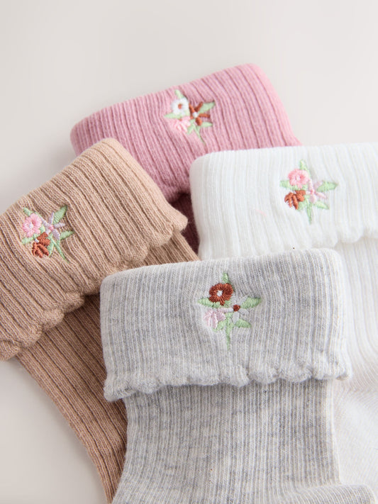 Pink, Grey and Cream Cotton Rich Embroidered Roll Top Ankle Socks 4 Pack image 3