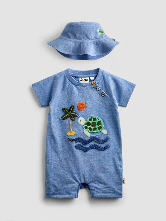 JoJo Maman Bébé Blue Turtle Appliqué Romper & Hat Set image 2