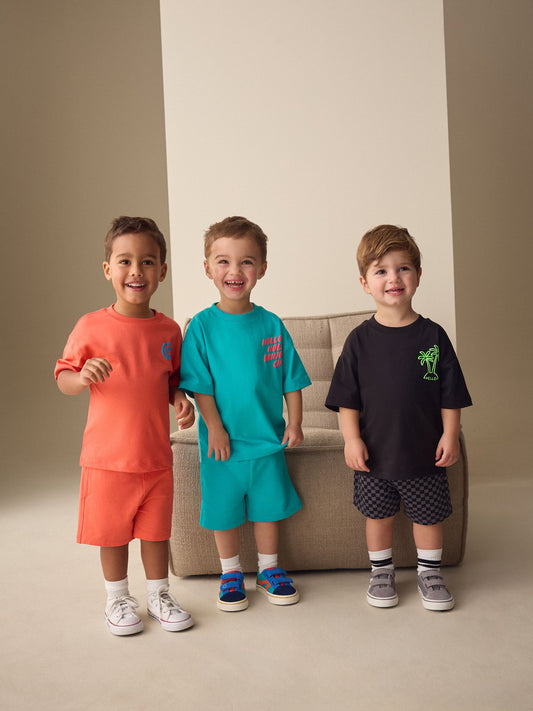 Coral/Aqua/Black Slogan Short Sleeve T-Shirt and Shorts Set 3 Pack (3mths-7yrs) image 2