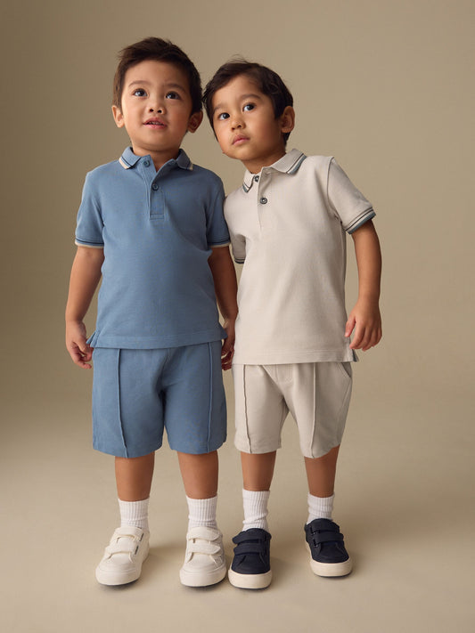 Blue/Neutral Short Sleeve Polo and Shorts Set 2 Pack (3mths-7yrs) image 2