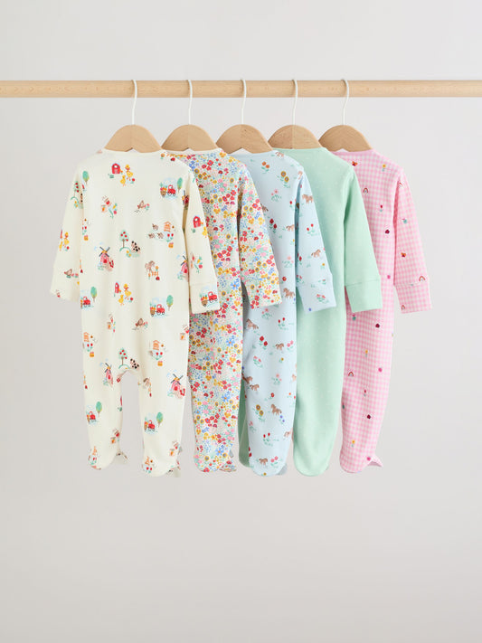 Pink/Green Two Way Zip Baby Sleepsuits 5 Pack (0mths-2yrs) image 2