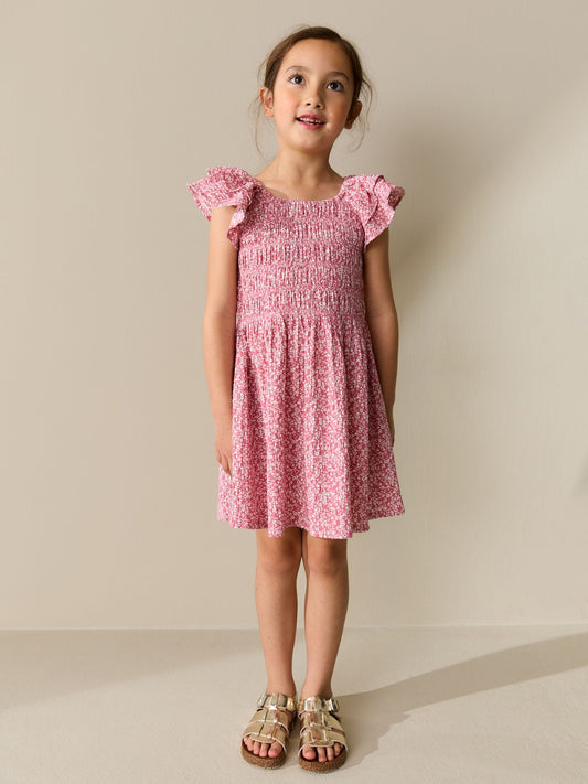 Dsiney Kidz - Pink Floral Smocked Frill Sleeve Dress (3-16yrs) image 2