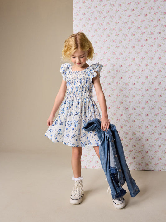 Dsiney Kidz - Blue Floral Smocked Frill Sleeve Dress (3-16yrs) image 2