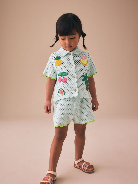 Dsiney Kidz - Blue Crochet Embroidered Knitted Shorts Set (3mths-7yrs) image 2
