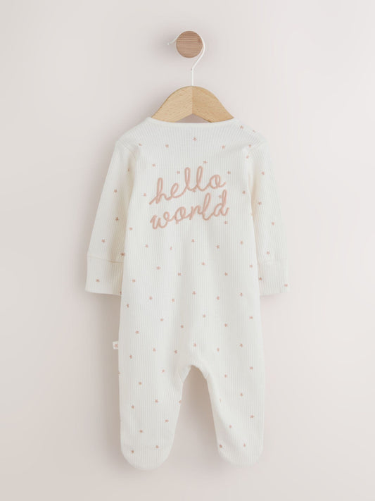 Cream Hello World Baby Sleepsuit and Hat Set (0-9mths) image 2