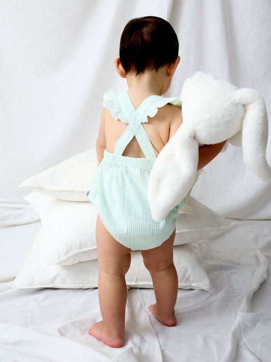 JoJo Maman Bébé Green Duck Stripe Frill Romper image 2