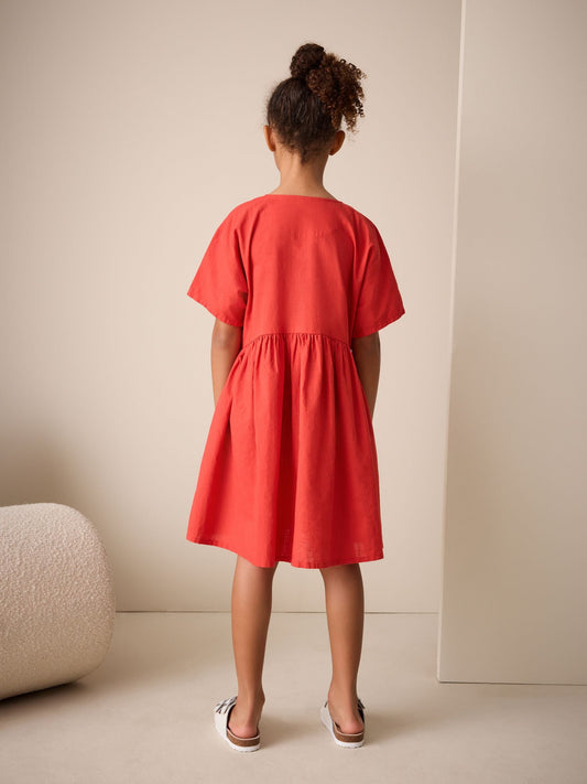 Red Embroidered Short Sleeve Button Through Dress (3-16yrs) image 2