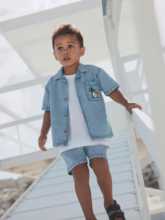 Blue Denim Palm Embroidery Short Sleeve Revere Collar Shirt & Shorts Set (3mths-10yrs) image 2