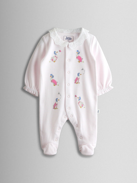 JoJo Maman Bébé Pink Jemima Puddle-Duck Stripe Cotton Footed Embroidered Sleepsuit image 2
