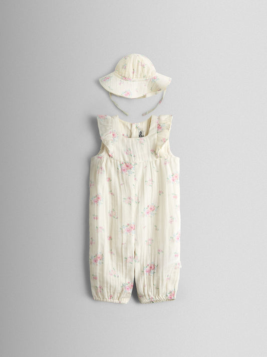 JoJo Maman Bébé Cream Floral Frill Romper & Hat Set image 2