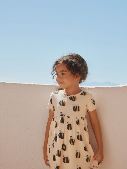Cream Bumblebee Short Sleeve Ribbed Dress (3mths-7yrs) image 2