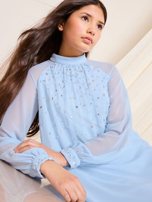 Lipsy Cornflower Blue Embellished Long Sleeve Occasion Dress (5-16yrs) image 2