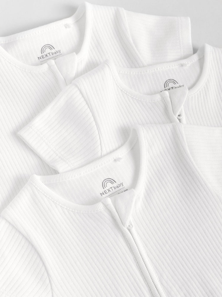 White 3 Pack Two Way Zip Baby 100% Cotton Rompers (0mths-3yrs)