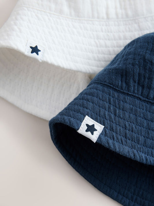 White and Blue Woven Baby Bucket Hats 2 Pack (0mths-2yrs)