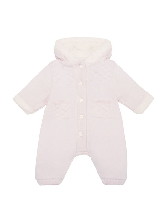 Emile Et Rose Pink Kane Knitted Pramsuit With Pockets Fur Trim And Pom-Pom image 2