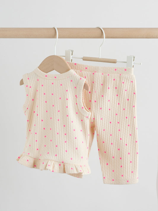 Pink Flower Rib Baby Top And Wide Leg Trousers Set 2 Piece (0mths-2yrs) image 2