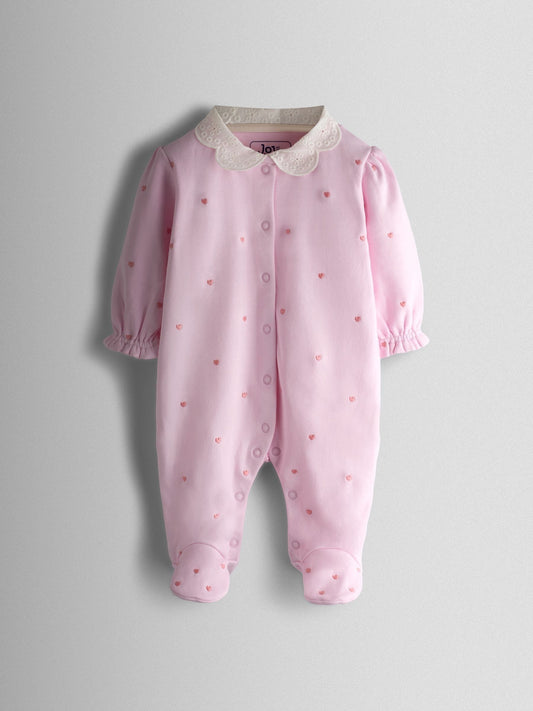 JoJo Maman Bébé Pink Heart Embroidered Cotton Footed Sleepsuit and Bonnet Set image 2