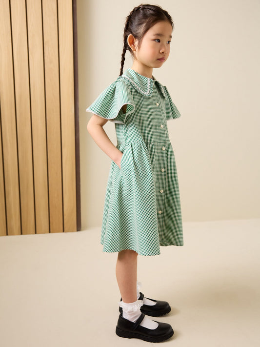 Dsiney Kidz - Green Gingham Cotton Rich Angel Sleeve School Dress (3-14yrs) image 2
