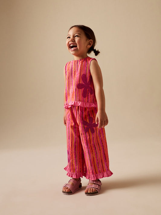 Pink/ Orange Stripe / Crochet Flowers Top & Trousers Set (3mths-7yrs) image 2
