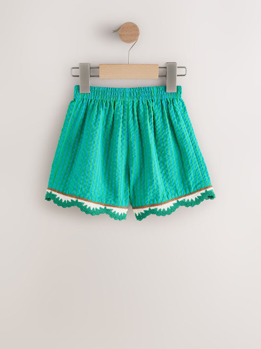 Green Seersucker Stripe Crochet Trim Shorts (3mths-7yrs) image 2