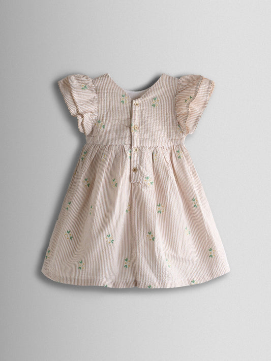 Dsiney Kidz - JoJo Maman Bébé Natural Striped Floral Embroidered Frill Sleeve Dress image 2