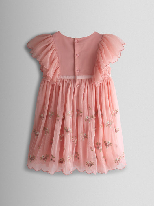 Dsiney Kidz - JoJo Maman Bébé Light Pink Frill Shoulder Scalloped Embroidered Party Dress image 2