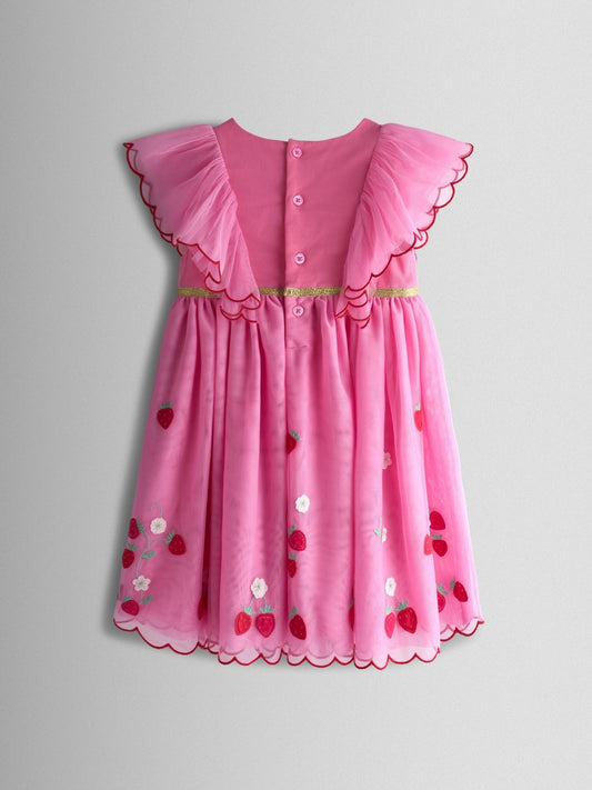 Dsiney Kidz - JoJo Maman Bébé Bright Pink Strawberry Wildflower Embroidered Puff Sleeve Tulle Party Dress image 2