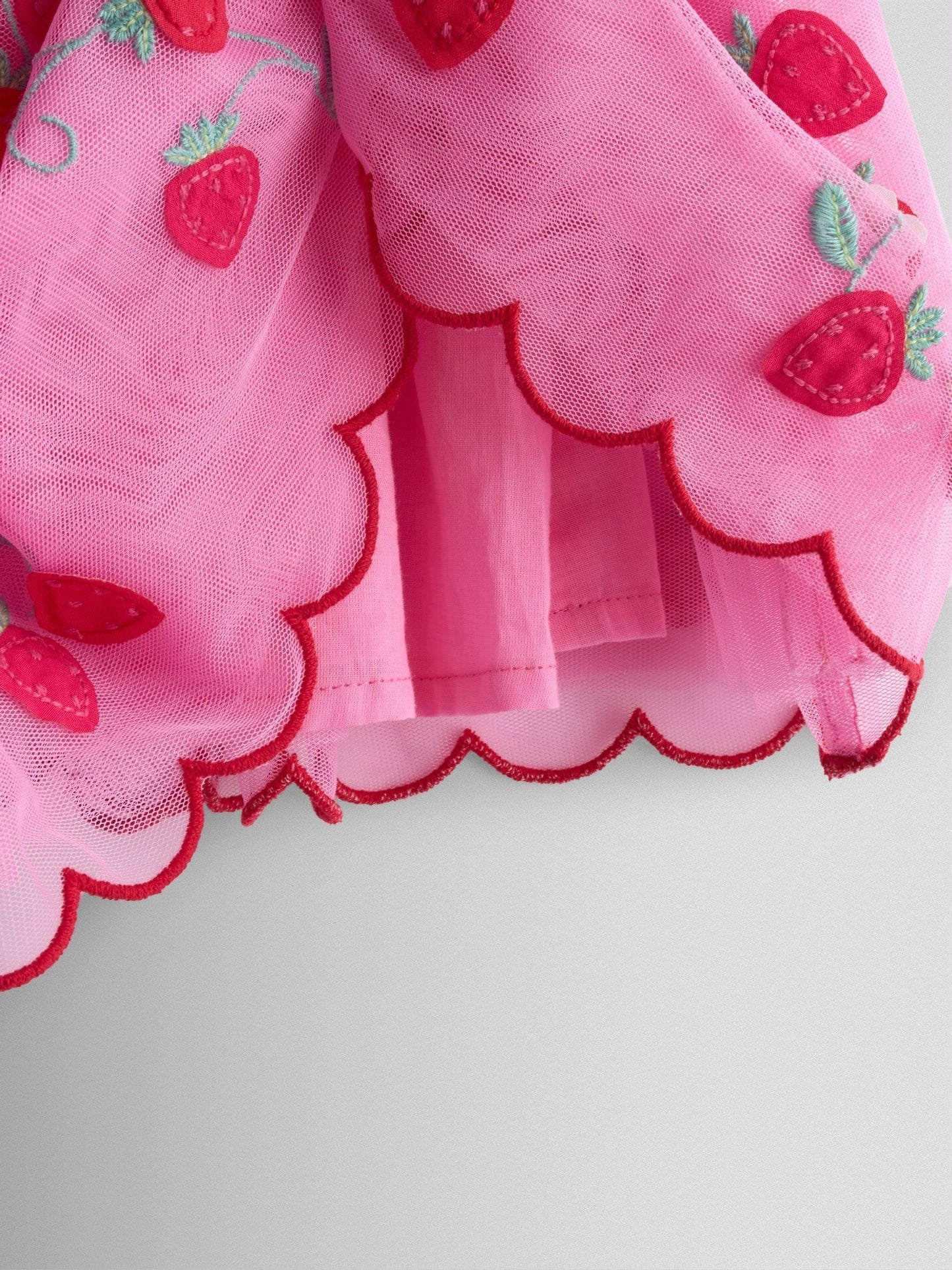 JoJo Maman Bébé Bright Pink Strawberry Wildflower Embroidered Puff Sleeve Tulle Party Dress image 5