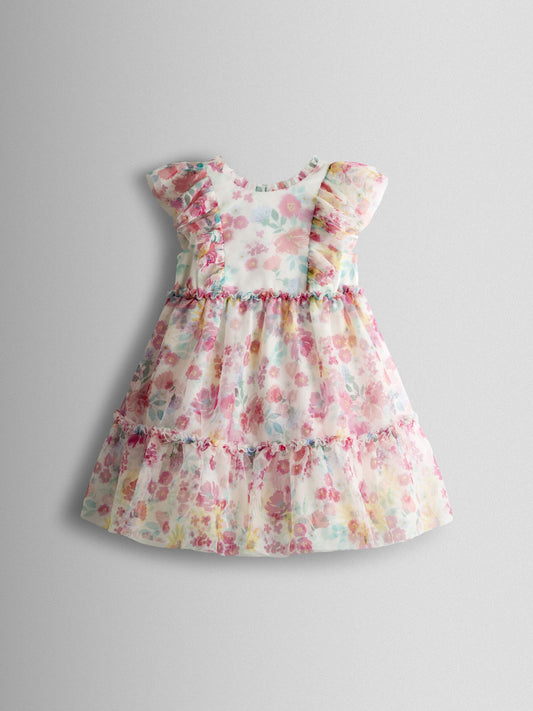 Dsiney Kidz - JoJo Maman Bébé White Multi Floral Printed V Back Tulle Ruffle Party Dress image 2