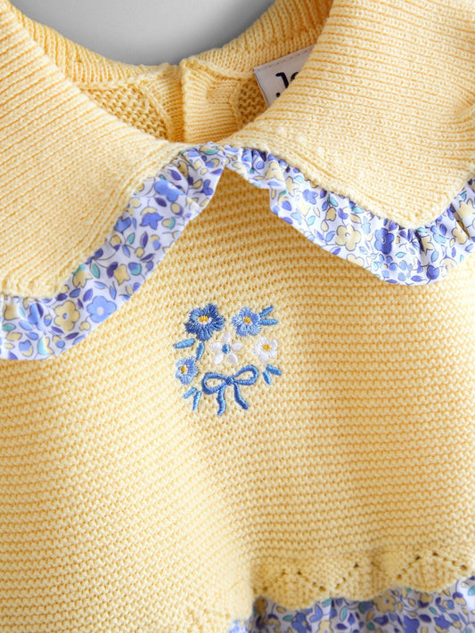 Dsiney Kidz - JoJo Maman Bébé Yellow Floral Embroidered Frill Collar Knitted Combo Dress image 2