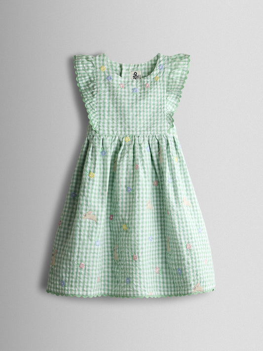 Dsiney Kidz - JoJo Maman Bébé Light Green Bunny and Flower Embroidered Frill Shoulder Dress image 2