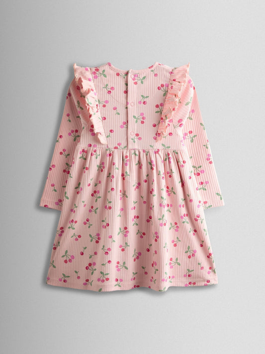 JoJo Maman Bébé Pink Cherry Frill Long Sleeve Rib Dress image 2