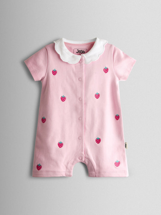 JoJo Maman Bébé Pink Strawberry Embroidered Organic Cotton Short Sleeve Sleepsuit image 2