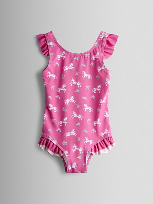 Dsiney Kidz - JoJo Maman Bébé Fuchsia Pink Floral Unicorn Wavy Stripe Swimsuit image 2