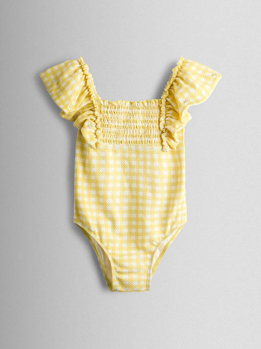 Dsiney Kidz - JoJo Maman Bébé Yellow Daisy Gingham Textured Frill Sleeve Swimsuit image 2