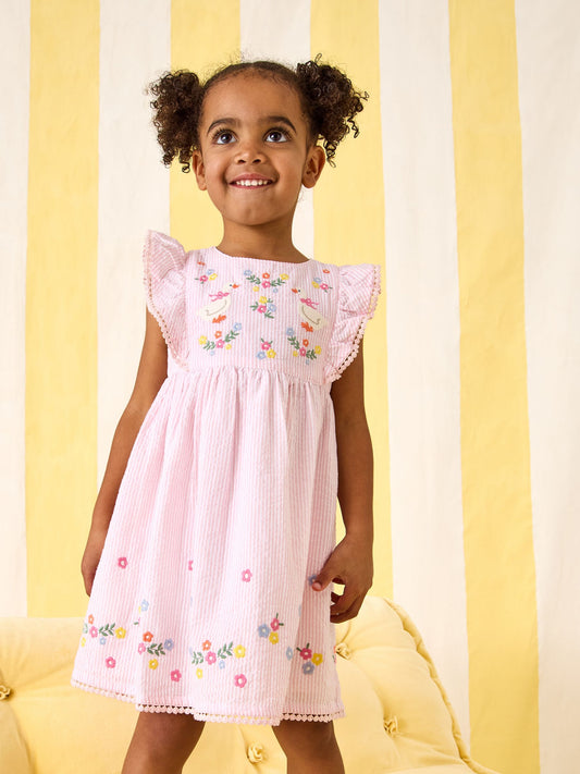 JoJo Maman Bébé Pink Seersucker Duck Frill Shoulder Embroidered Dress image 2