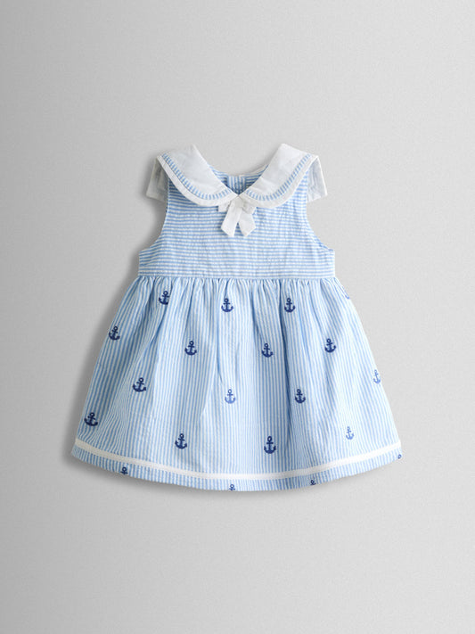 Dsiney Kidz - JoJo Maman Bébé Blue Stripe Nautical Embroidered Sailor Baby Dress image 2