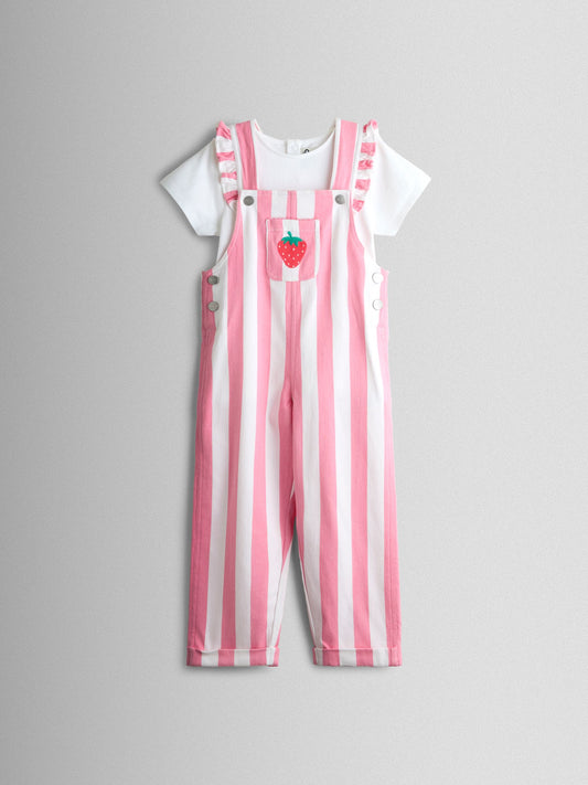 JoJo Maman Bébé Pink Strawberry Appliqué Stripe Dungaree And T-Shirt Set image 2