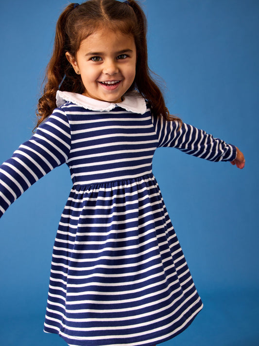 Dsiney Kidz - JoJo Maman Bébé Navy Blue Stripe Classic Peter Pan Collar Dress image 2