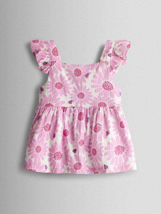JoJo Maman Bébé Pink Daisy & Ladybird Frill Shoulder Seersucker Top & Short Set image 2