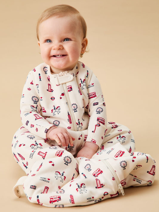MORI Cream London Print Supersoft 1.5 Tog Sleeping Bag Front Zip - image 1